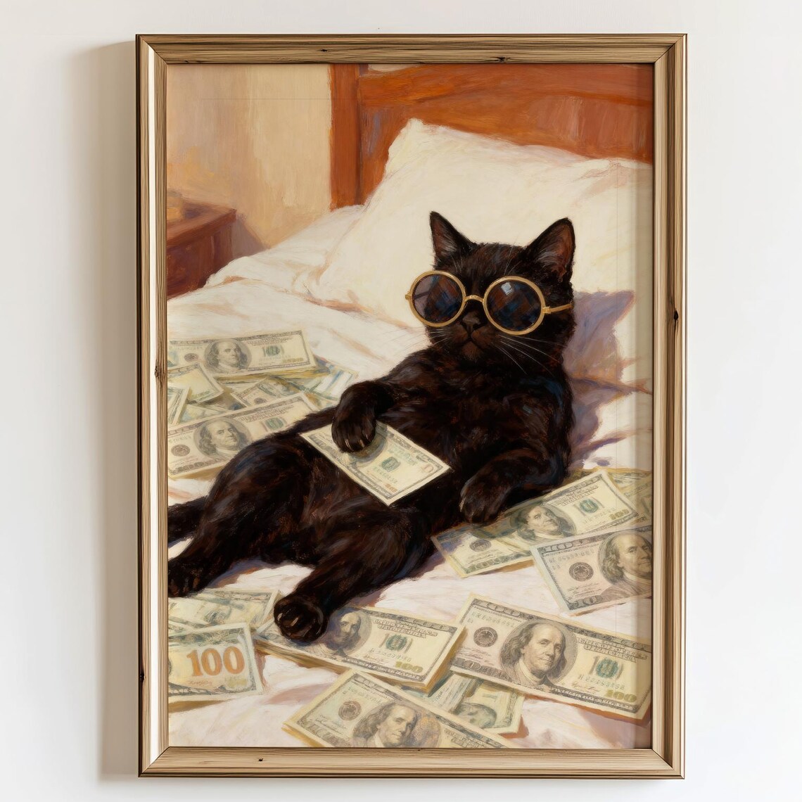 Rich Cat With Money Poster Funny Black In Sunglasses Wall Art