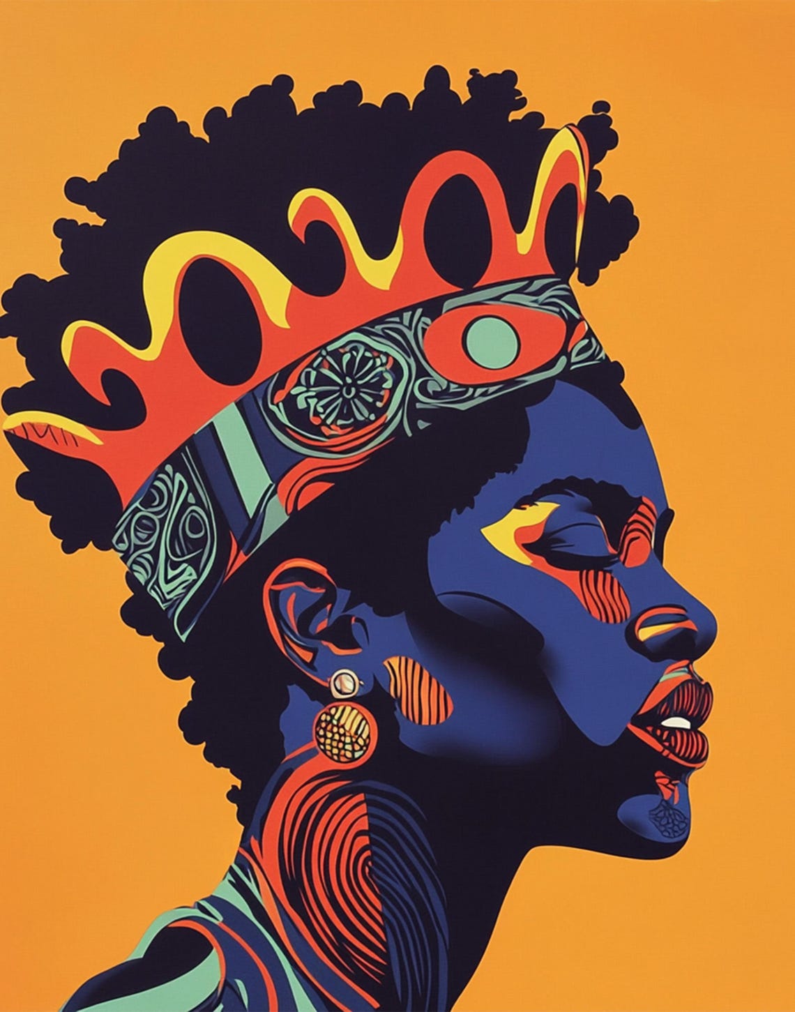Crowned African Queen Stylized Portrait Modern Art Decor Poster
