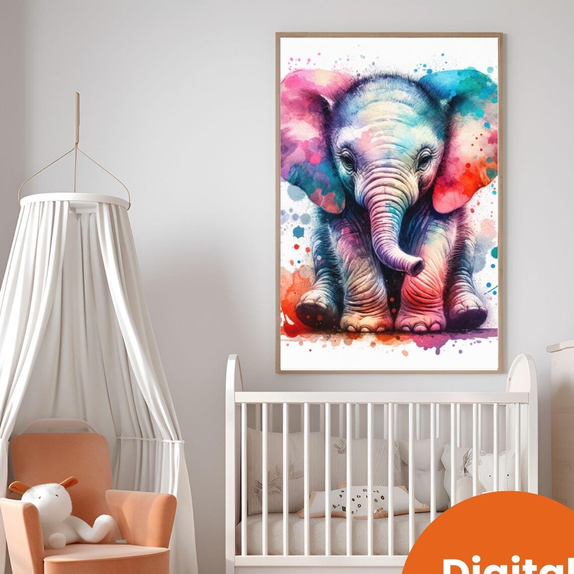 Rainbow Watercolor Baby Elephant Nursery Animal Wall Decor Poster