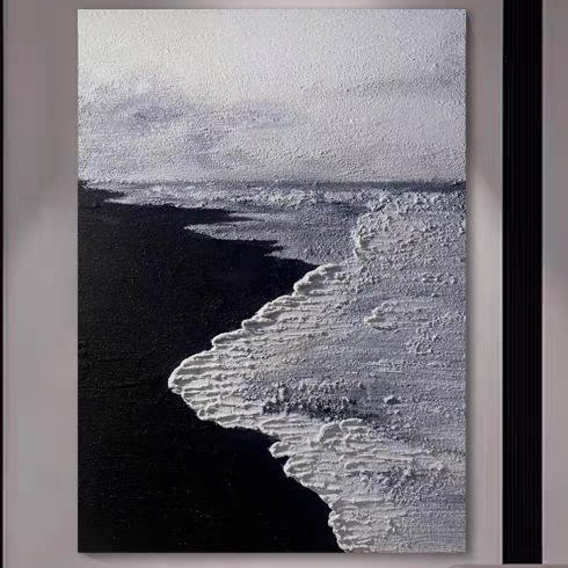 Midnight Black Beach White Breaking Surf Textured Seascape Poster