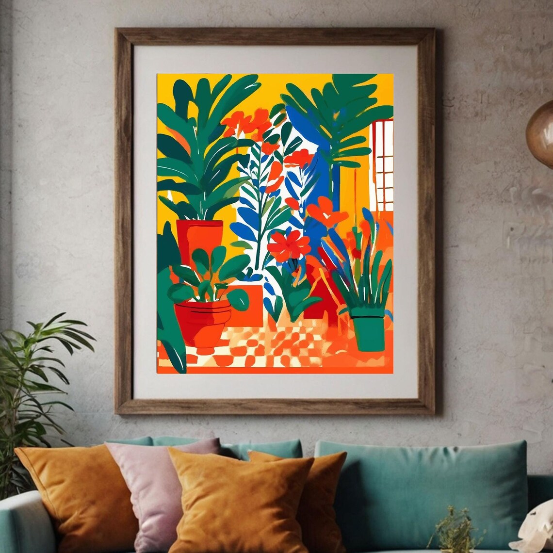 Bright Orange Botanical Window Potted Plants Colorful Art Poster