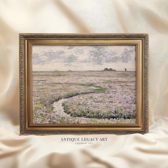 Vintage Lavender Field Painting Countryside Floral Landscape Poster