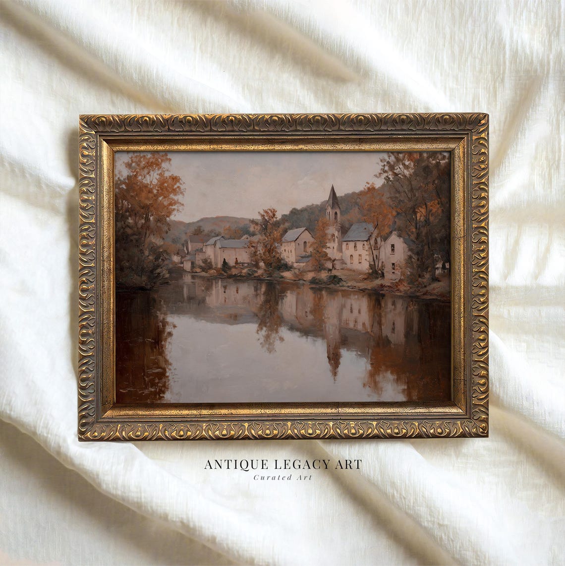 Autumn Village River Church Cozy Fall Landscape Vintage Art Poster