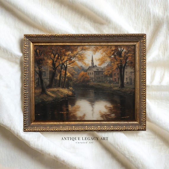 Vintage Fall Village Landscape Print Farmhouse Autumn River Painting Wall Art Cozy Rustic Country Decor