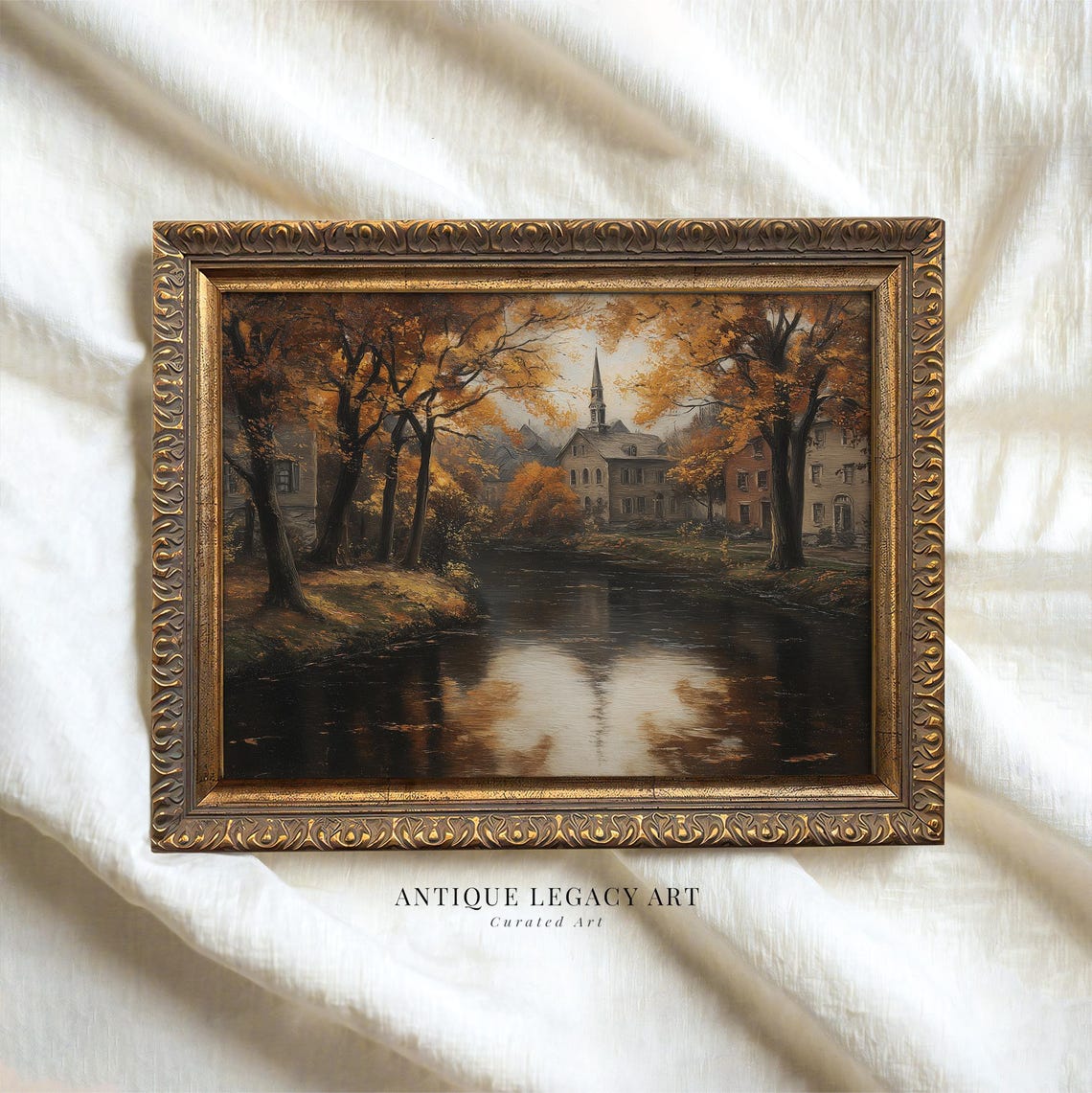 Vintage Autumn Village River Painting Golden Trees Cozy Rustic Poster