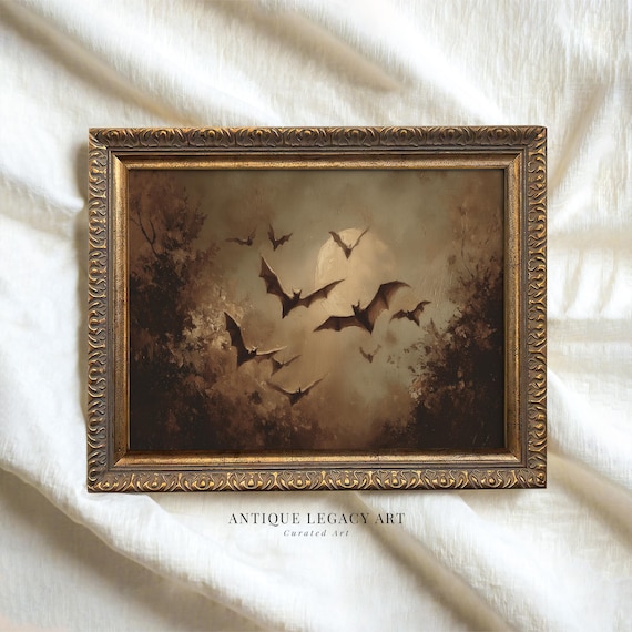Vintage Halloween Flying Bats Fall Forest Print Gothic Full Moon Painting Wall Art Spooky Dark Academia Decor