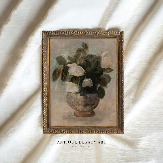 Vintage Floral Still Life Wall Art Moody Rose Vase Painting Print French Country Rustic Kitchen Decor