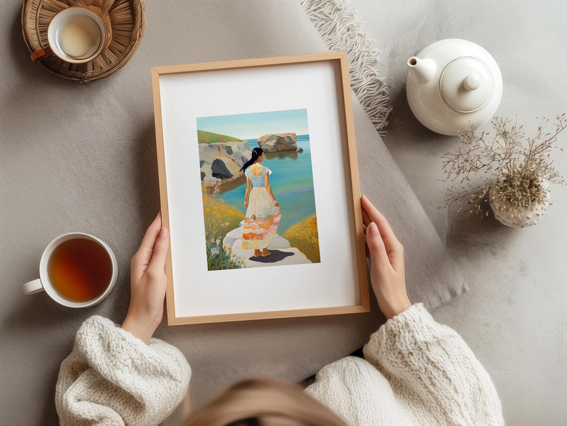 Woman Standing On Pale Rocks Calm Sea Coastal Scenic Art Poster - Image 3