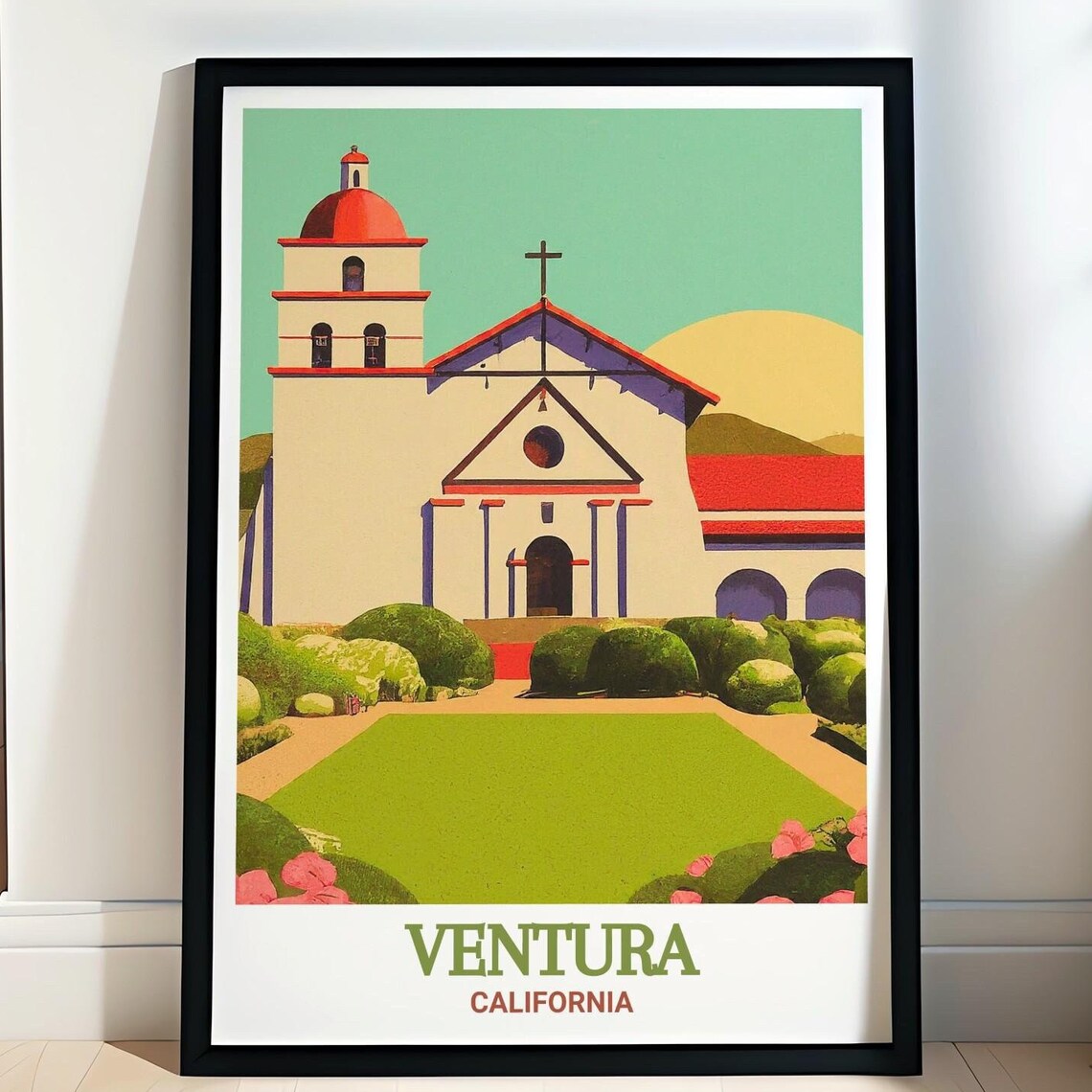 Ventura California Mission Church Red Dome Garden Travel Poster
