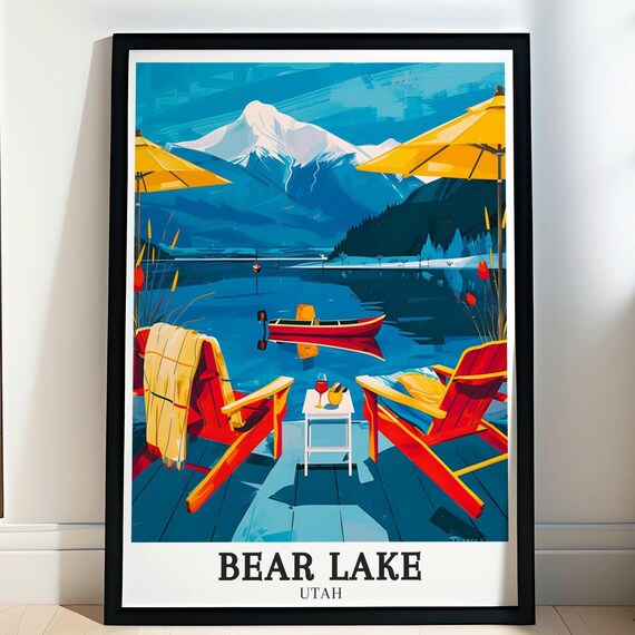 Bear Lake Utah Lakeside Deck Red Chairs Canoe Mountain View Art Poster