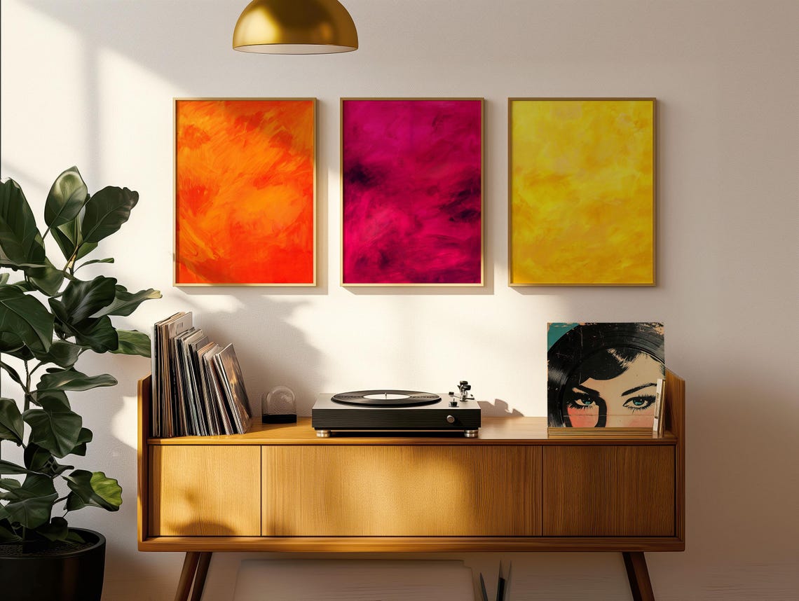 Set of 3 Colourful Abstract Art Trio Orange Pink Yellow Wall Art