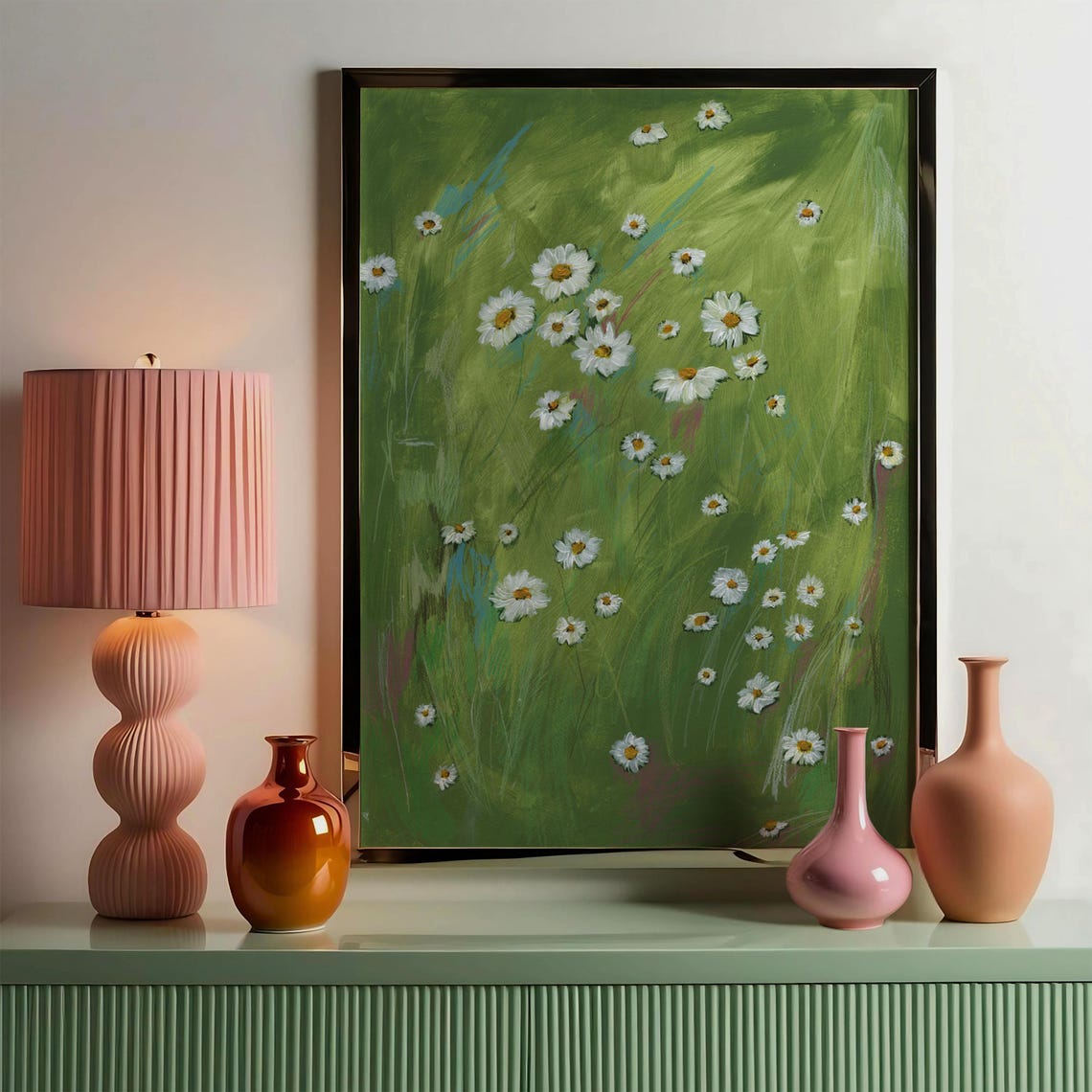 White Daisy Wildflowers Green Meadow Abstract Floral Painting Poster