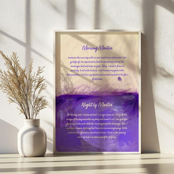 Morning And Nightly Mantra Poster Purple White Affirmation Wall Art Trendy Colourful Quote Print Spiritual Room Dcor