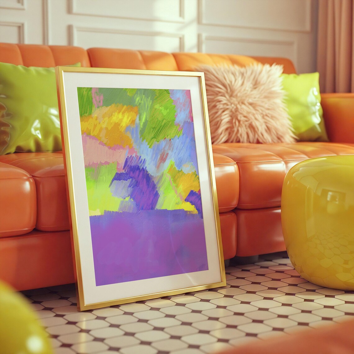 Purple Pink Green Yellow Vibrant Colorful Abstract Painting Wall Art