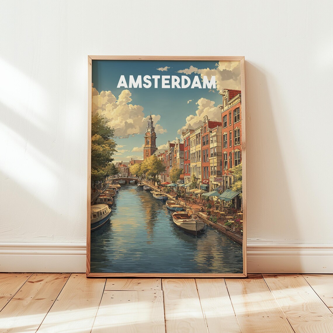 Amsterdam Canal Houses River Boats Vintage Netherlands Poster