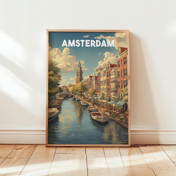 Amsterdam Travel Poster Wall Art Netherlands Cityscape Print Vintage Decor Retro Artwork