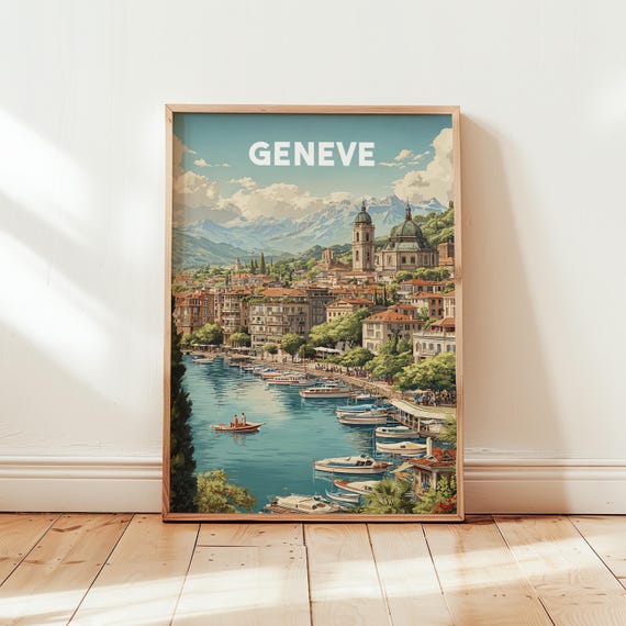Vintage Geneva Switzerland Travel Poster Wall Art Retro Lake Print European Cityscape Artwork Swiss Urban Decor