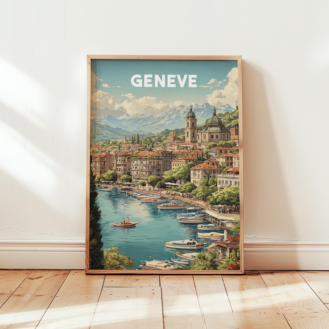Retro Geneva Switzerland Travel Poster With Harbor Boats and Alps