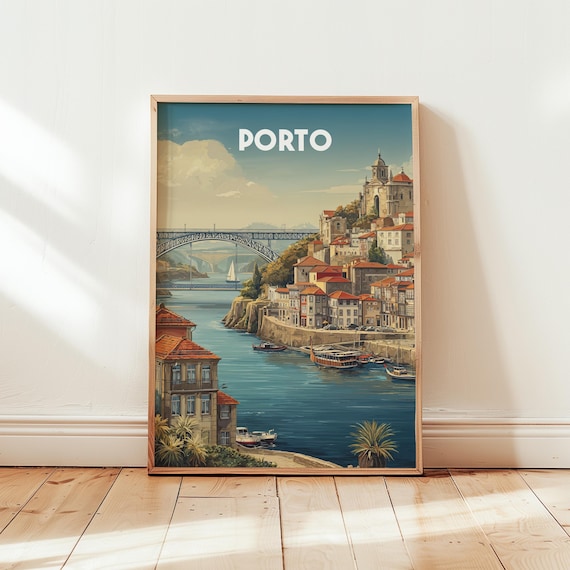 Porto Portugal Vintage Travel Poster Douro River Cityscape Artwork