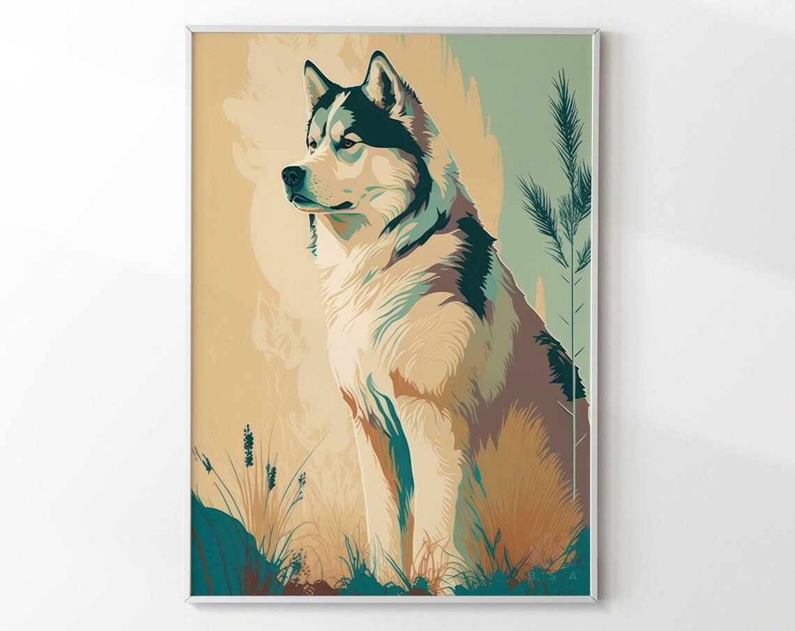 Siberian Husky Poster Noble Profile Sitting Beige Teal Dog Art Decor