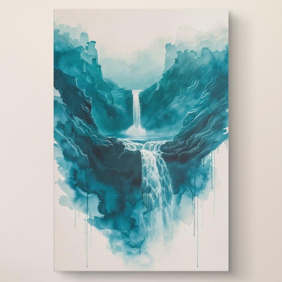 Unframed Waterfall Landscape Print Serene Blue Waterfall Wall Art Nature Inspired Minimalist Painting Housewarming Gift