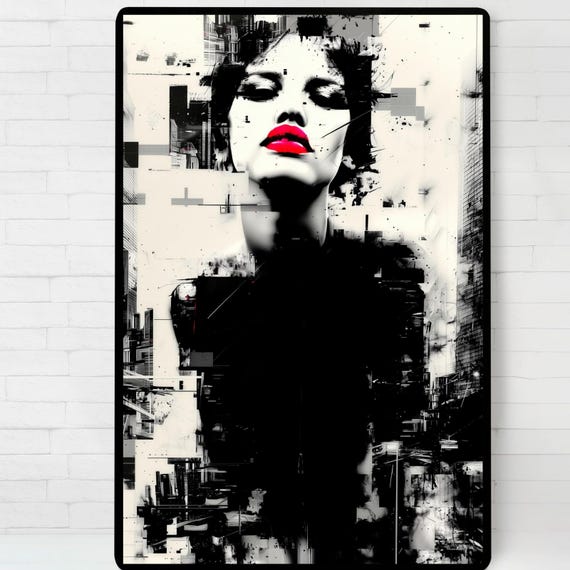 Abstract Woman Portrait Red Lips Urban Art Print