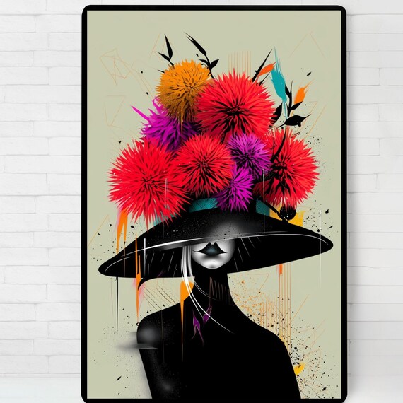Black Hatted Woman Art Print Minimalist Floral Illustration