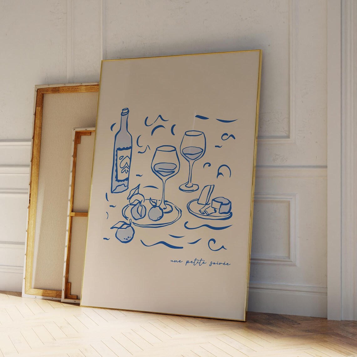 Une Petite Soiree French Wine And Cheese Line Art Blue Poster