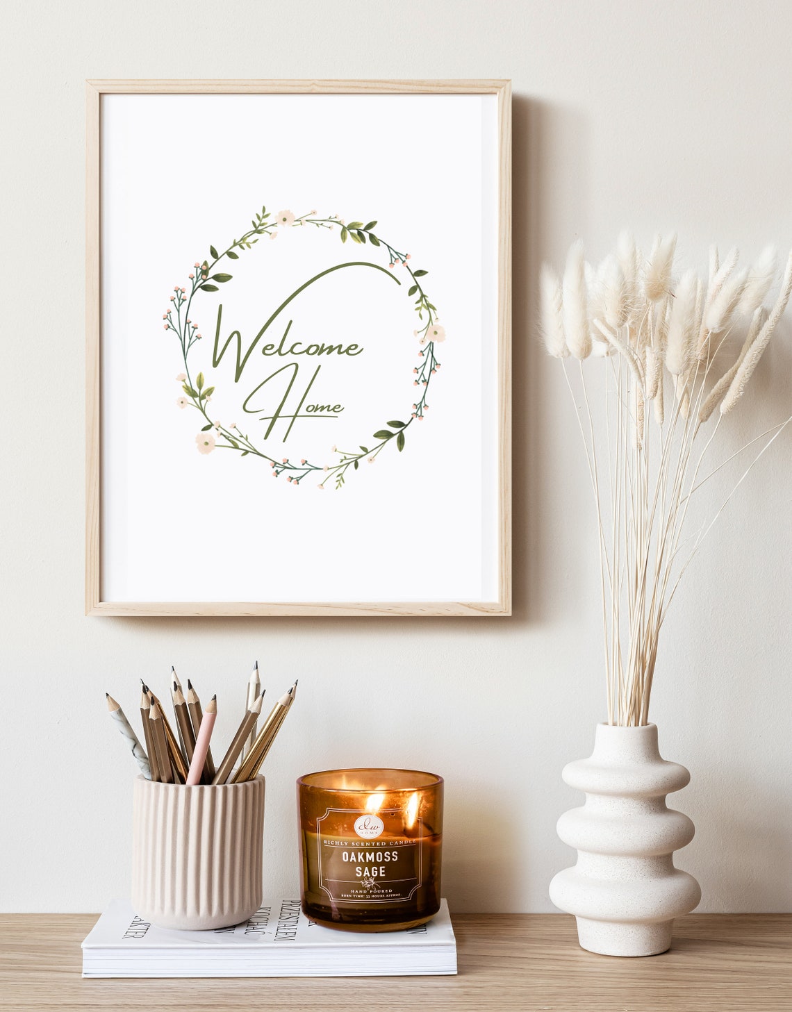 Welcome Home Floral Wreath Botanical Script Typography Wall Art