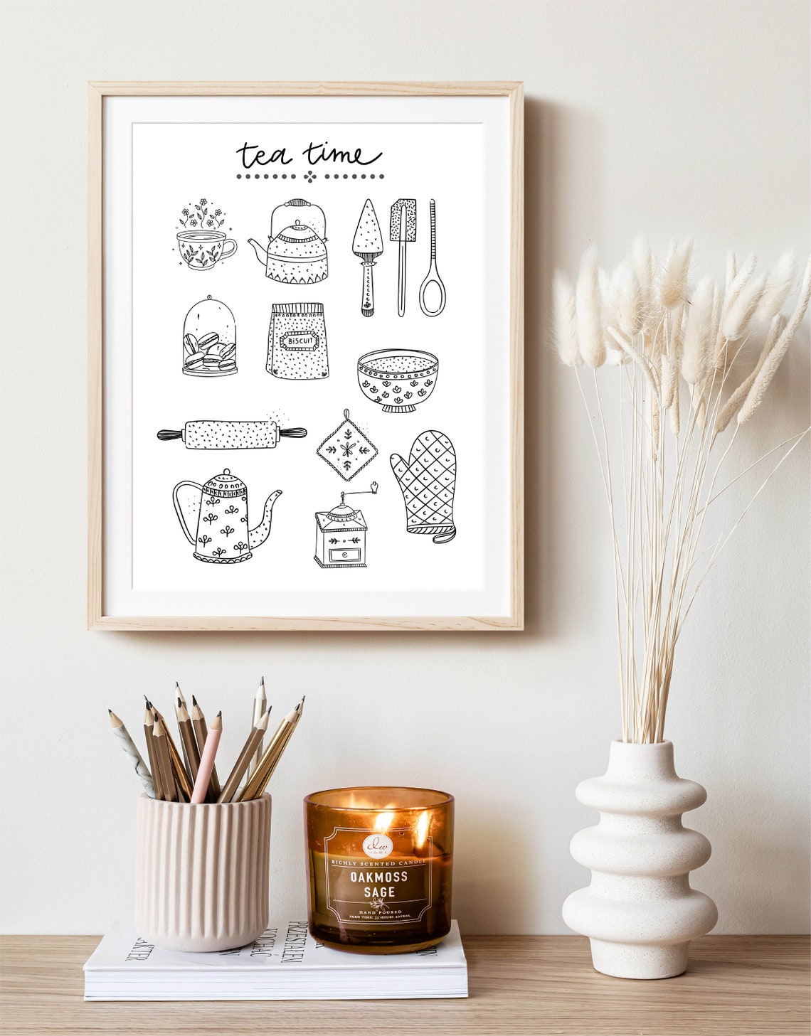 Tea Time Illustrated Kitchen Tools Line Art Black and White Poster - Image 3