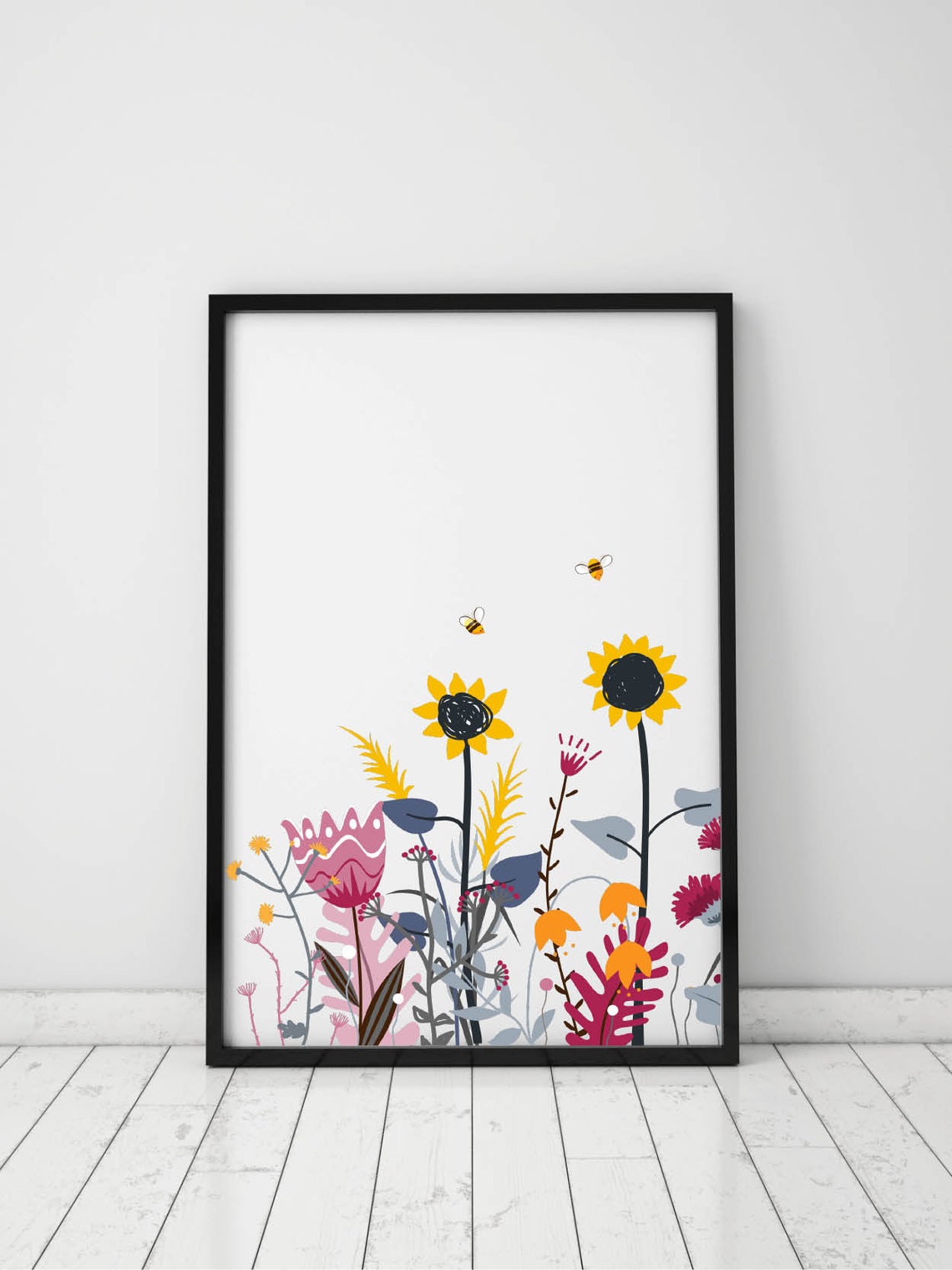 Colorful Wildflower Meadow Sunflowers And Bees Botanical Poster