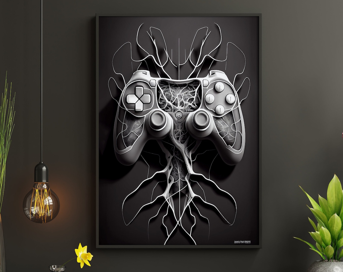 Black and White Game Controller Roots Art Print Minimalist Gaming Decor