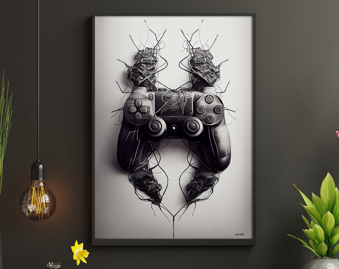 Cracked Monochrome Game Controller Ink Splash Black And White Art Poster