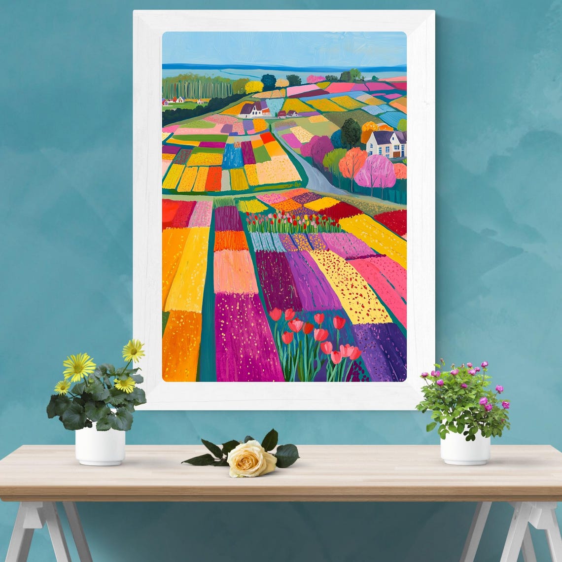 Dutch Tulip Fields in Bloom with Colorful Flower Strips Poster - Image 2