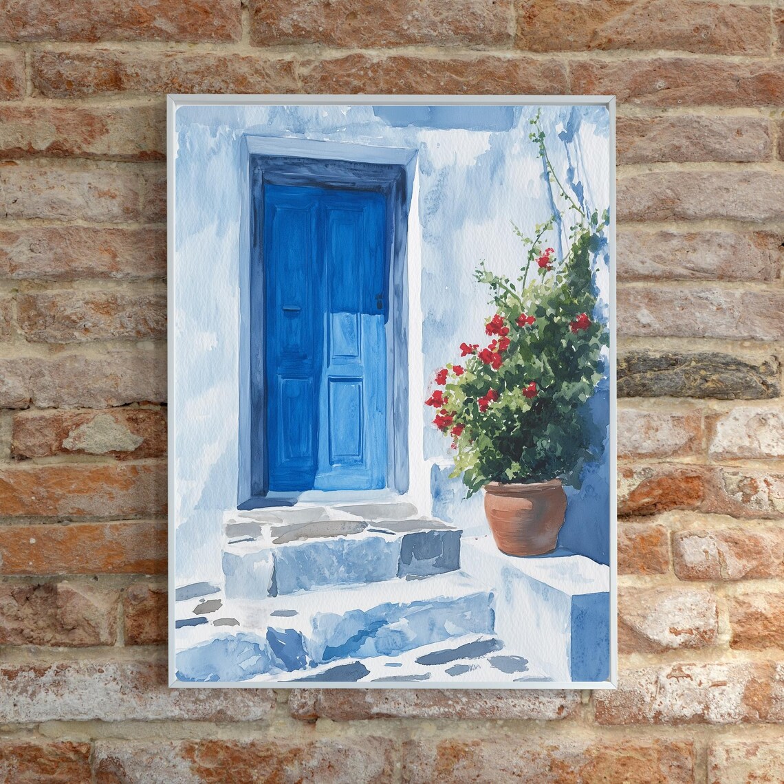 Greek Blue Door Red Flowers Santorini Style Watercolor Poster - Image 6