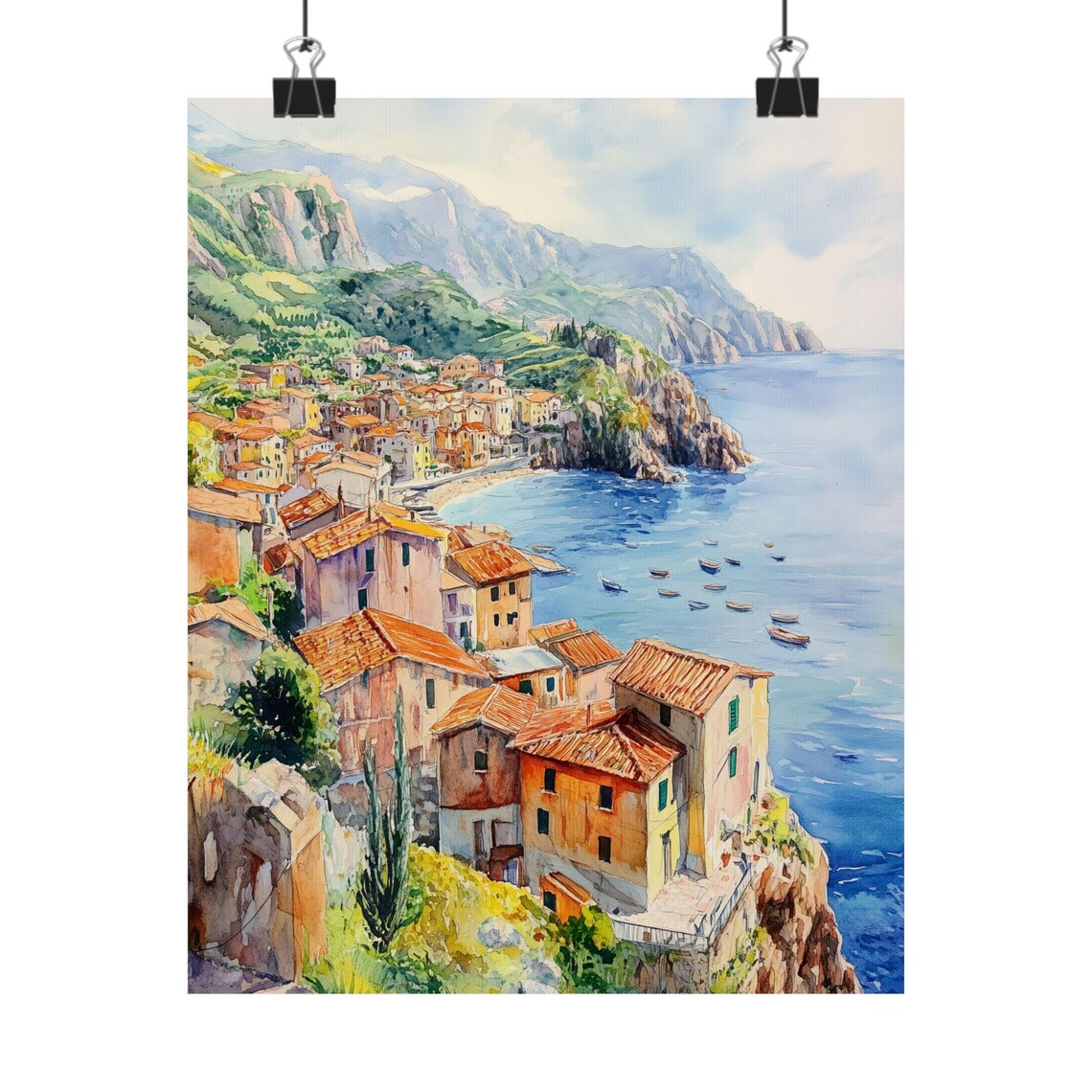 Italian Coastal Fishing Village Cliffside Aerial Watercolor Poster