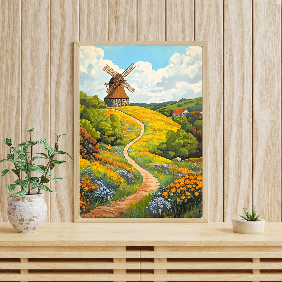 Sunny Windmill Wildflower Meadow Winding Path Landscape Poster - Image 4