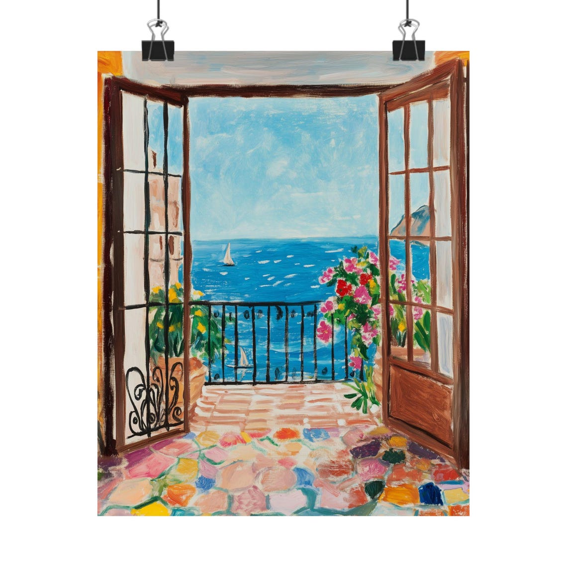 Mediterranean Terrace Doors Framing a Sailboat Sea View Poster
