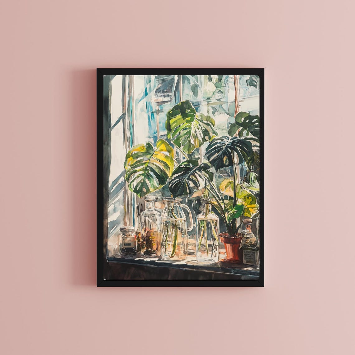 Sunlit Windowsill with Monstera Leaves and Glass Jars Poster - Image 2