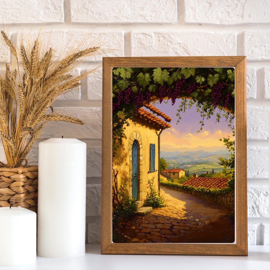 Tuscan Grape Pergola Walkway Above the Village at Sunset Poster - Image 2