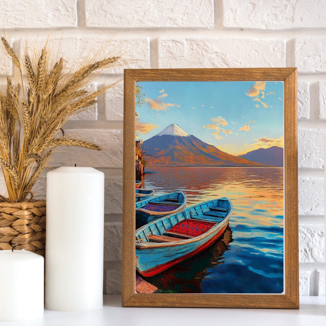 Lake Atitlan Wooden Canoes at Sunset Beneath the Volcano Poster - Image 3