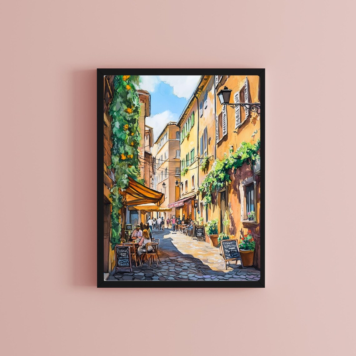Trastevere Rome Cafe Street Cobblestone Alley Gouache Poster - Image 2