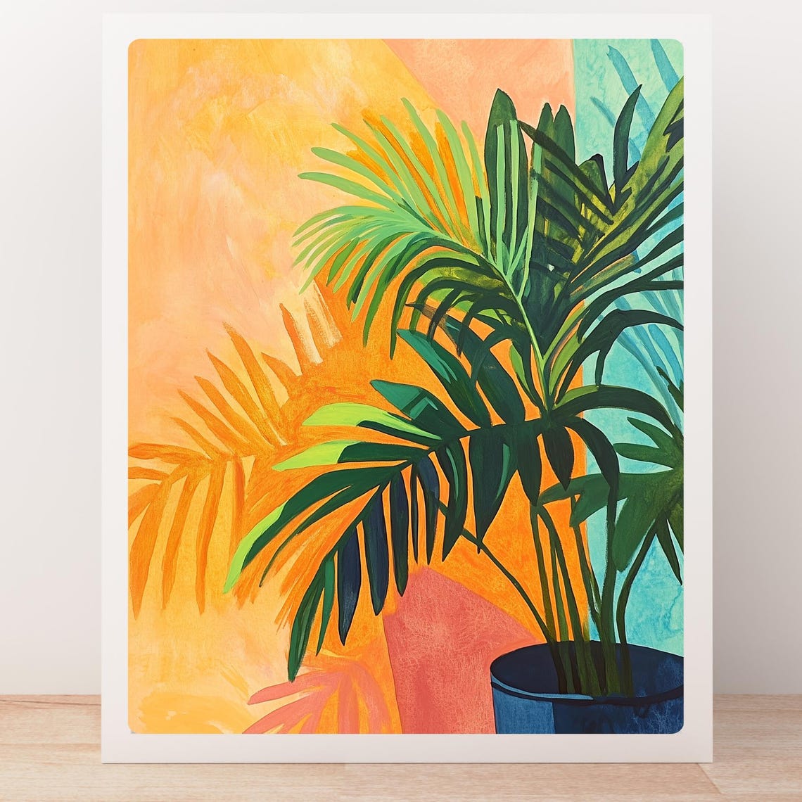 Potted Palm Fronds Casting Shadows on a Bright Orange Wall Poster - Image 4