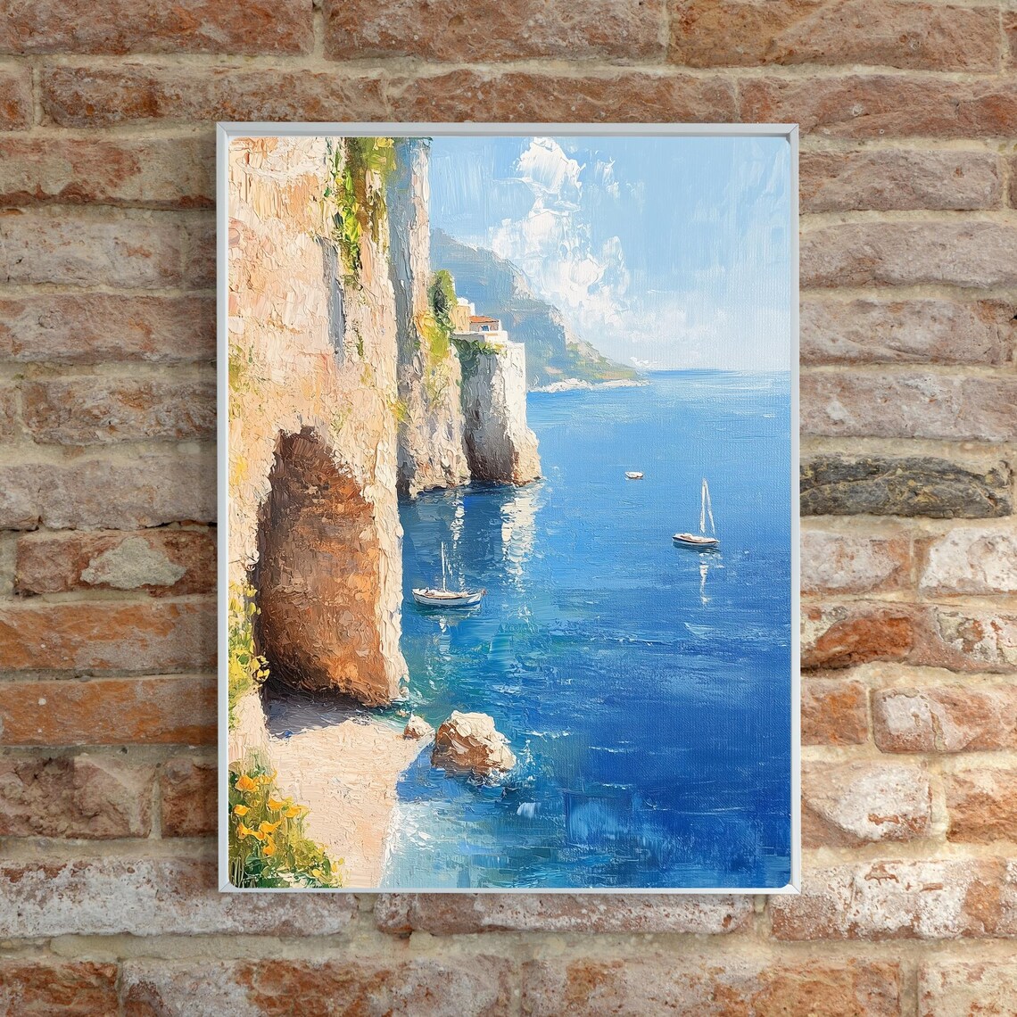 Amalfi Coast Italian Riviera Hidden Cove Sailboats Sunlit Oil Poster - Image 3