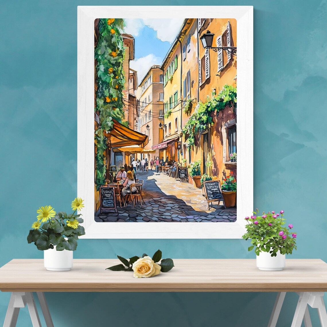Trastevere Rome Cafe Street Cobblestone Alley Gouache Poster - Image 3