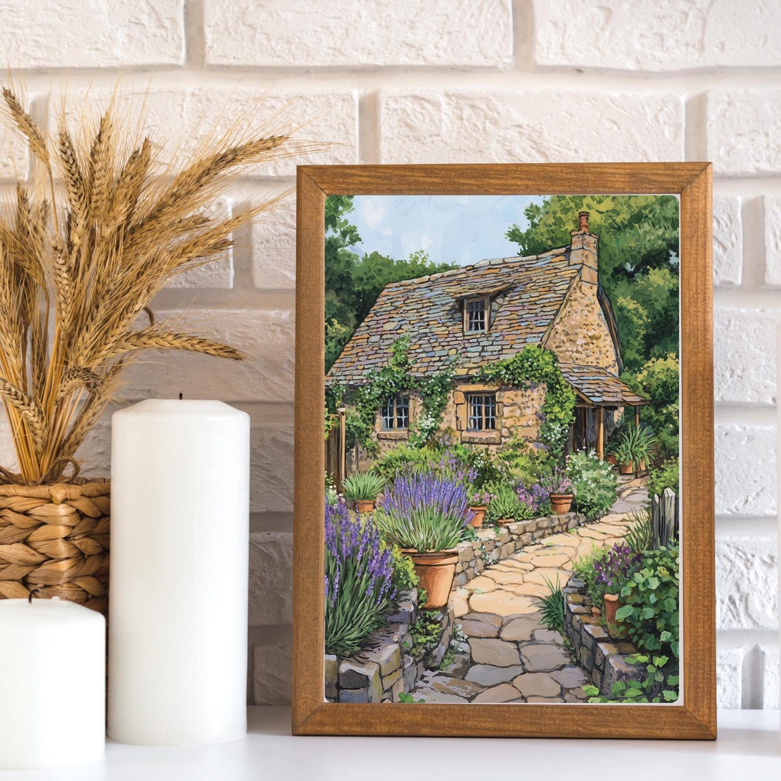 Charming Stone Cottage with Lavender Garden Path and Pots Poster - Image 3