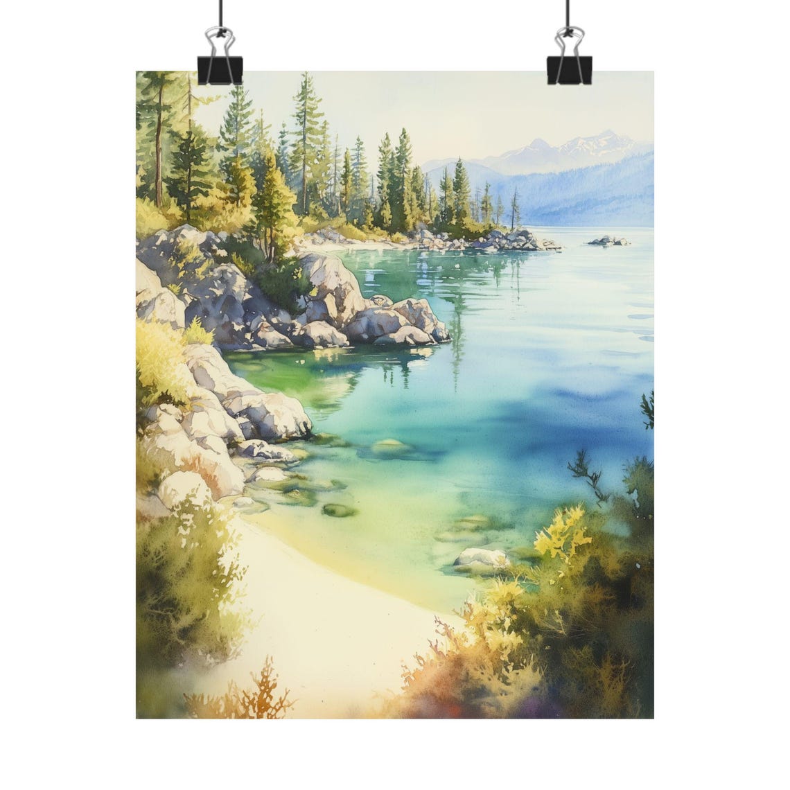 Lake Tahoe Turquoise Cove Pine Trees Rocks Mountain Watercolor Poster - Image 4