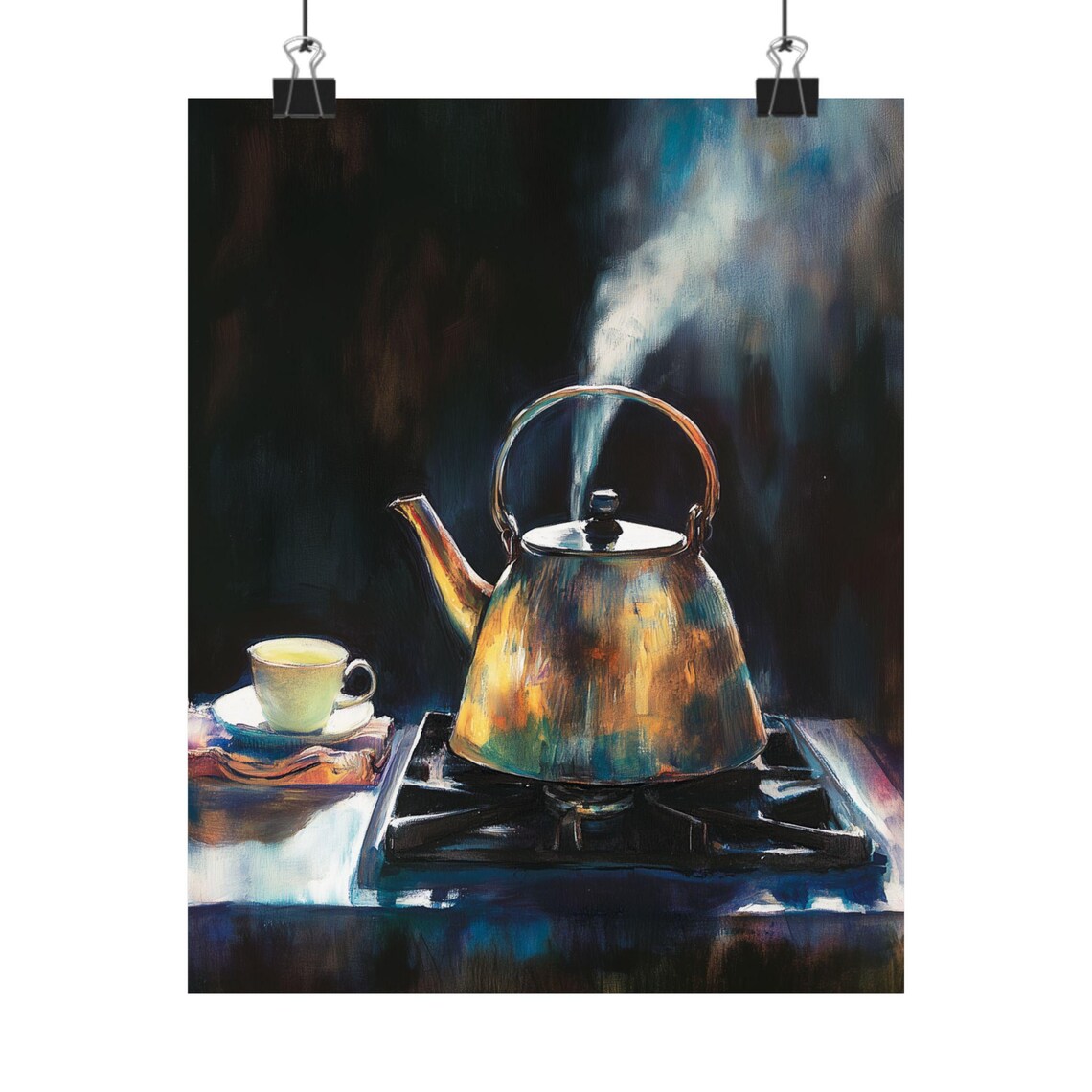 Tea Kettle Still Life Art Print Moody Kitchen Painting Warm Home Decor Copper Kettle Wall Art Vintage Tea Art