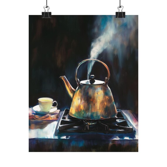 Tea Kettle Still Life Art Print Moody Kitchen Painting Warm Home Decor Copper Kettle Wall Art Vintage Tea Art