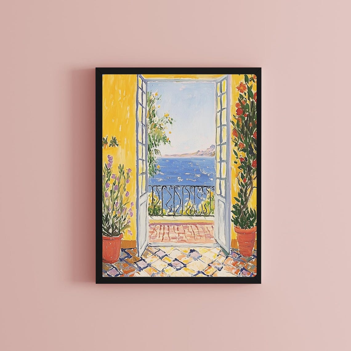 Sunlit Yellow Balcony Doors Opening to the Mediterranean Sea Poster - Image 2